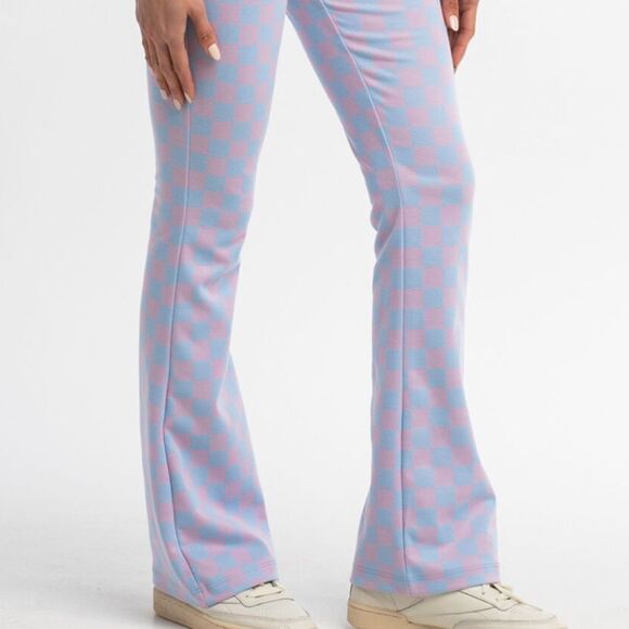 Checkered Pink & Blue Flare Pants - Picture 4 of 5